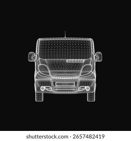 Un modelo de furgoneta con estructura de alambre 3D muestra detalles estructurales intrincados sobre un elegante fondo negro. El diseño transparente resalta el marco del vehículo con precisión. Perfecto para conceptos de automoción.