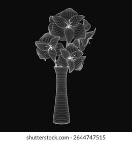 A 3D wireframe vase filled with vibrant flowers stands out against a black background. The vase features intricate geometric details, while the colorful blooms vary in shape and size.