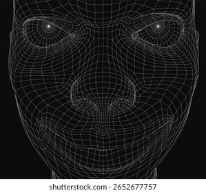 Um wireframe 3D do rosto de uma mulher apresenta um padrão de grade detalhado em um fundo preto. O modelo de cabeça realista apresenta um design digital intrincado com curvas suaves e geometria precisa.