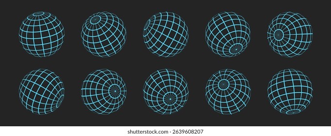 3D wireframes of spheres. Set of globes in various positions. Balls with a grid in brutalist style