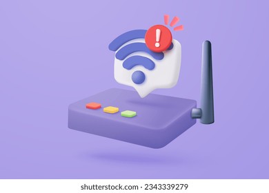 3D-Wireless-Verbindung und gemeinsame Nutzung von Netzwerk im Internet mit Warnmeldung. Hotspot-Access-Point für false, problem, nicht verbinden. Rundfunkbereich mit WiFi. 3D-Signal-Vektorsymbol-Darstellung