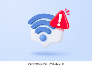 3d wireless connect and sharing network on internet with alert notice. Hotspot access point for false, problem, fail to connect. Broadcasting area with WiFi. 3d signal vector icon render illustration