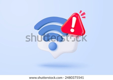 3d wireless connect and sharing network on internet with alert notice. Hotspot access point for false, problem, fail to connect. Broadcasting area with WiFi. 3d signal vector icon render illustration