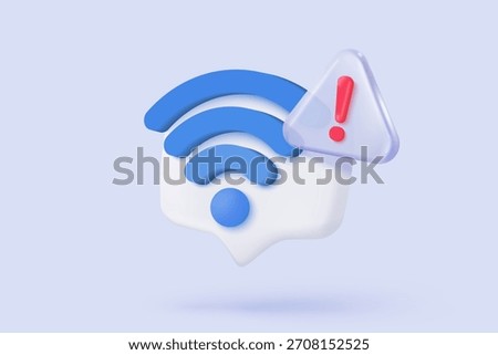 3d wireless connect and sharing network on internet with alert notice. Hotspot access point for false, problem, fail to connect. Broadcasting area with WiFi. 3d signal vector icon render illustration