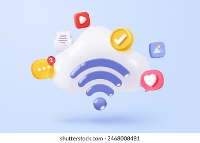 3d wireless connection and sharing network on internet. Hotspot access point for digital and online coverage. Broadcasting area with WiFi. 3d wireless signal icon rendering vector illustration