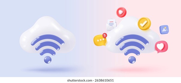 3d wireless connection and sharing network on internet cloud. Hotspot access point for digital and online coverage. Broadcasting area with WiFi. 3d wireless signal icon rendering vector illustration