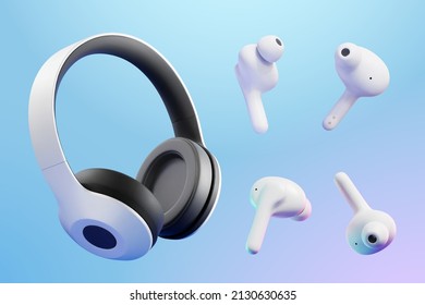 Auriculares inalámbricos 3D se burlan. Conjunto realista de auriculares inalámbricos sobre auriculares de oído y auriculares de oído aislados sobre fondo azul