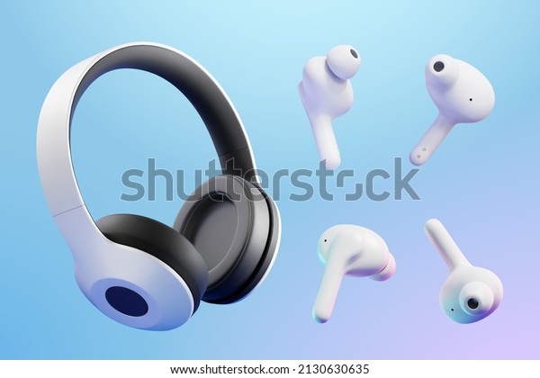 3D wireless headphones mockup. Set of\
realistic wireless over ear headphones and in ear headphones\
isolated on blue background