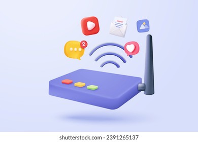 3D-Wireless-Router-Verbindung und gemeinsame Nutzung von Netzwerk im Internet. Hotspot-Zugangspunkt für digitale und Online-Versorgung. Rundfunkbereich mit WiFi. 3D-Symbol für drahtlose Signale, Vektorgrafik