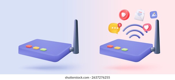 3d wireless router connection and sharing network on internet. Hotspot access point for digital and online coverage. Broadcasting area with WiFi. 3d wireless signal icon rendering vector illustration