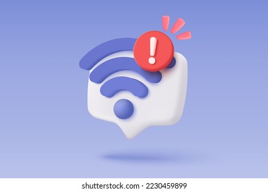 3d wireless or wifi and sharing network with alert notice icon. Hotspot access point for false, problem 3d, fail to connect. Broadcasting area with WiFi. 3d public wifi vector icon render illustration
