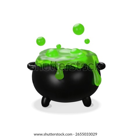 3D witch cauldron with bubbling green potion overflowing from black pot. Glossy texture and spooky vibe. Ideal for Halloween, magic spells, fantasy design, and enchanted potion scenes.