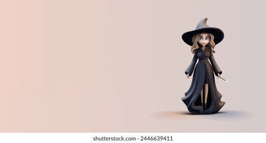 3D witch, sorceress in stylish black clothes and hat with magic wand in hand. Character for children, celebrations, product branding. Vector