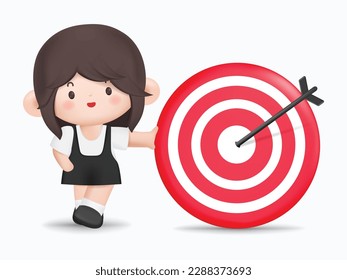 3d woman with arrow in bullseye. Cartoon businesswoman reaching goals. Objective attainment, business purposes. Vector illustration character design.