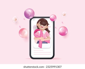 3d woman character holding big pink ribbon on breast cancer awareness month concept. 3d vector rendering.