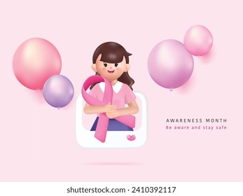 3d woman character holding big pink ribbon on breast cancer awareness month concept. 3d vector rendering.