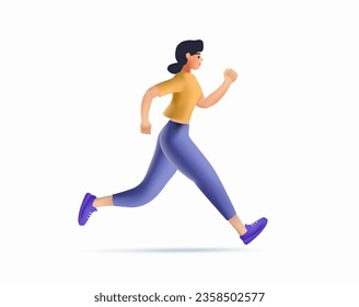 3D woman character runner. 3D vector concept illustration of female athletes running in the park, forest, stadium track or street landscape. Healthy activity and lifestyle. Sprint, jogging, warming up