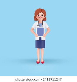 3d woman doctor holding tablet and showing blank screen. Cute cartoon smiling confident demonstrating empty display tablet.Medical presentation clip art isolated on blue.