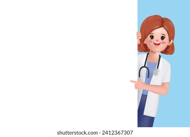 3D woman doctor pointing finger at blank presentation or information board. portrait of cute cartoon smiling businessman with advertising placard.