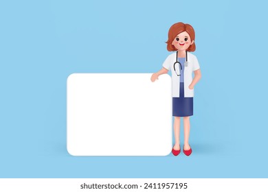 3D woman doctor standing at blank presentation or information board. portrait of cute cartoon smiling businessman with advertising placard.