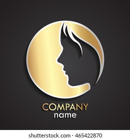 3d woman face negative shape gold silver logo / vector illustration