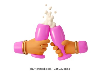 3d woman hands holding wine glass with champagne. Vector render illustration in pink isolated on white background. Cartoon icon toast concept