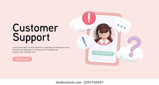 3d Woman with headphones and microphone with smartphone. Customer support website. Concept illustration for support, assistance, call center. 3D render Vector illustration