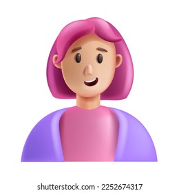 3D woman icon, vector lady character face, cartoon business person avatar, pink hair cheerful girl. Successful young female worker, smiling cute student, happy funny manager. Office woman head icon