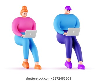 3d woman and man with a computer. Cartoon characters woman and man, vector illustration. Stylized fashion characters with big body, bodypositive figure.