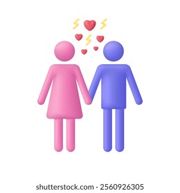 3D Woman and man with hearts. Falling in love, sparkles. A man and a woman love each other. Love concept. Trendy and modern vector in 3d style