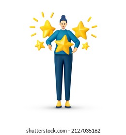 3d woman review 5 stars in mobile application. high positive feedback realistic 3d high customer rating on the job. stars golden yellow glossy color ,stars quality rating vector illustration render