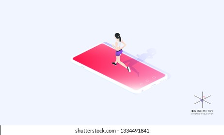 3d Woman Running On Mobile Phone Screen. Conceptual Cardio Training Isometric Illustration. Dimetric Video Game Ready Projection.