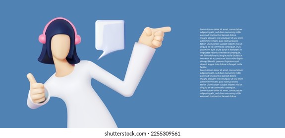 3D woman with thumb up gesture and speech bubble showing something Cool girl.