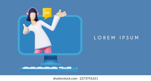 3D woman with thumb up gesture and speech bubble showing something from the monitor. Cool girl.