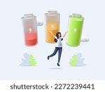 3D woman vital energy, human energy boost concept. Character with a high level of life battery charge indicator. Active person with recharged battery. 3D cartoon vector illustration