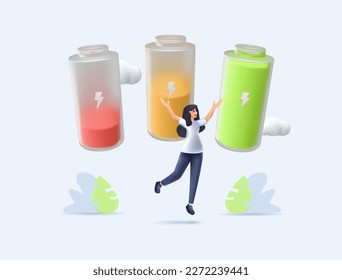 3D woman vital energy, human energy boost concept. Character with a high level of life battery charge indicator. Active person with recharged battery. 3D cartoon vector illustration