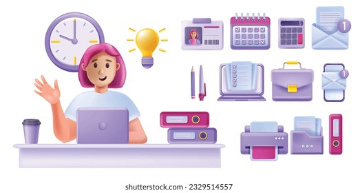 3D woman working laptop, home office vector icon set, happy young smiling female character, table. Cartoon freelancer student online education, printer, document file folder. Cute woman using laptop 