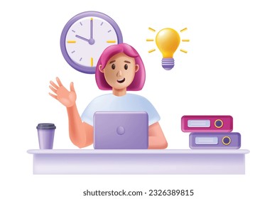 3D woman working laptop, vector home office concept, happy young smiling female character, table. Cartoon freelancer student online education, creative idea bulb, folder. Cute woman using laptop 