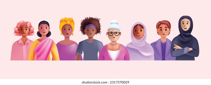 3D women international day banner, vector cartoon female diverse multicultural strong character. Equal rights concept, different race feminism community, business colleague group portrait. Women day