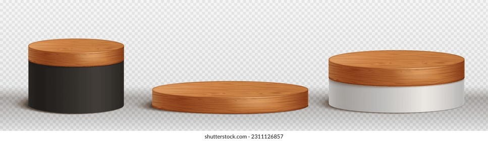 3d wood black product display podium background. White wooden platform stage for nature beauty scene presentation on kitchen. Isolated round empty cosmetic cylinder pedestal template vector ad mockup