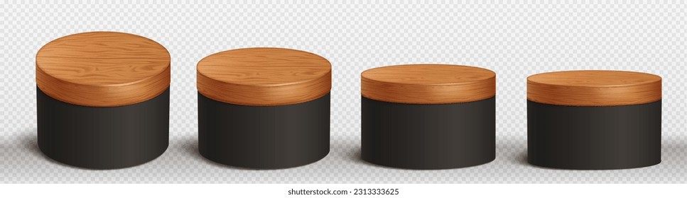 3d wood black product display podium background. Wooden platform stage for nature beauty scene presentation on kitchen. Isolated round empty cosmetic cylinder pedestal template vector ad mockup