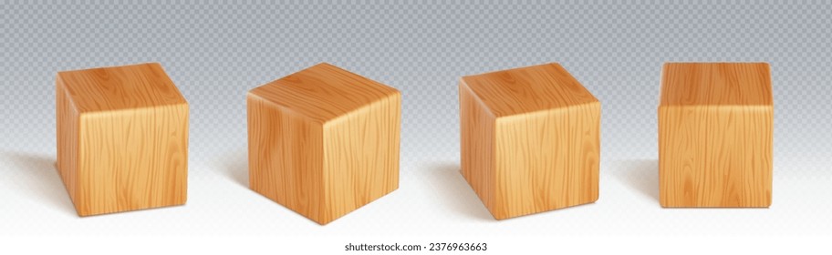 3d wood cube block to play game realistic vector. Isolated wooden education cubic toy design. Building brick toy piece set mockup. 4 basic timber clear brown object perspective side view closeup.