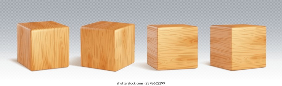 3d wood cube block to play game realistic vector. Isolated wooden education cubic toy design. Building brick toy piece set mockup. 4 basic timber clear brown object perspective side view closeup.