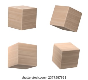 Bloque de cubo de madera 3d vector realista para juego de palabras aislado en fondo blanco. Icono de plantilla de juguete de educación de madera flotando. Vista de perspectiva sobre el objeto de ladrillo claro de una colección de clípart de png diferente.