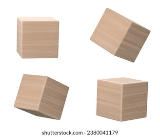 3d wood cube block realistic vector for word game isolated on white background. Wooden education toy template icon floating. Perspective view on clear brick object different png clipart collection.