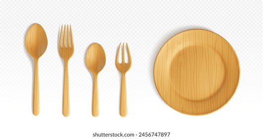 3d wood cutlery plate and spoon top view vector illustration. Empty bamboo tableware for food isolated. Disposable kitchenware bowl for pizza on dinner meal or picnic. Realistic eco friendly dish