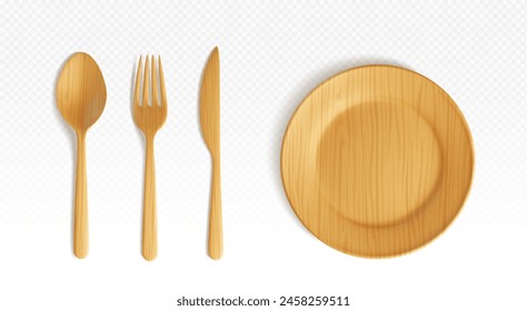 3d wood cutlery plate and spoon top view vector illustration. Empty bamboo tableware for food isolated. Disposable kitchenware bowl for pizza on dinner meal or picnic. Realistic eco friendly dish