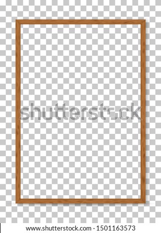 3D wood frame size A4. Picture frame design isolated on background. Realistic wooden rectangular natural frame with shadow. Background for presentations, restaurant menu, chalkboard school. Clipart 