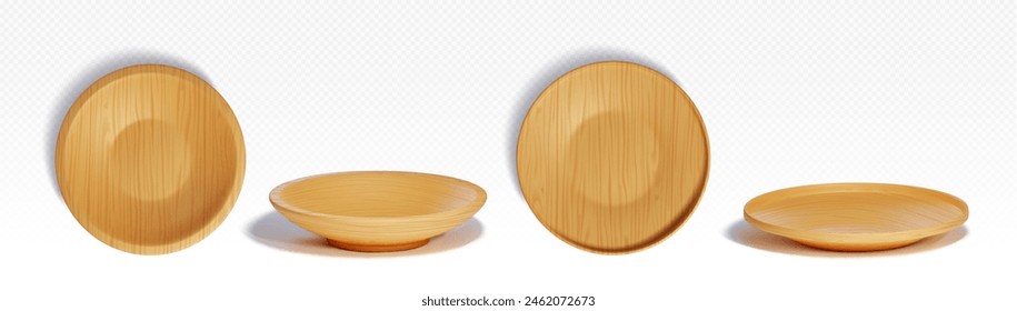 3d wood plate top view. Wooden round food bowl. Empty circular serving bamboo texture board for picnic. Realistic dish kitchenware accessory mockup. Pizza or salad dinner eco friendly natural product