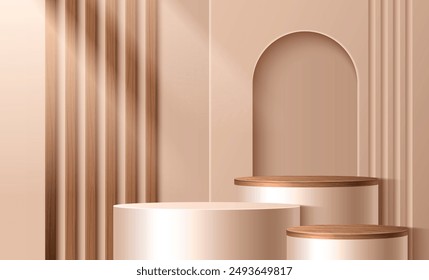 3d wood podium. Brown product display background. Wooden stage in realistic studio mockup. Geometric beige cylinder platform for cosmetic or spa banner. Empty showroom interior for presentation